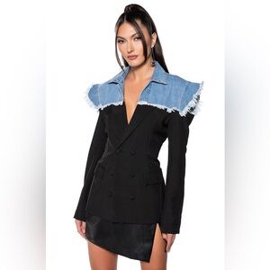 AKIRA Black Blazer with Blue Denim Collar